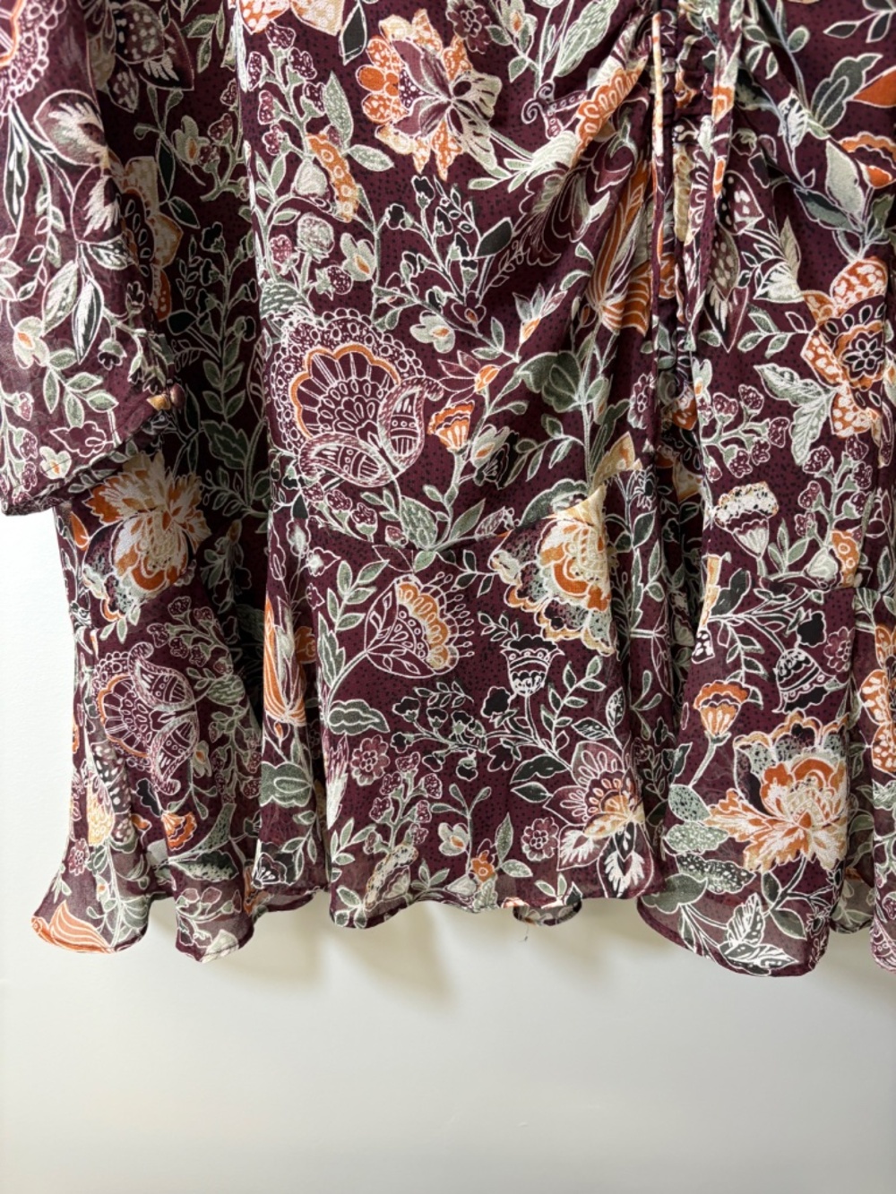 BB Dakota Burgundy Floral Romantic Wrap Flirty Mini Dress Boho Cottagecore Sz Lg - Picture 6 of 8